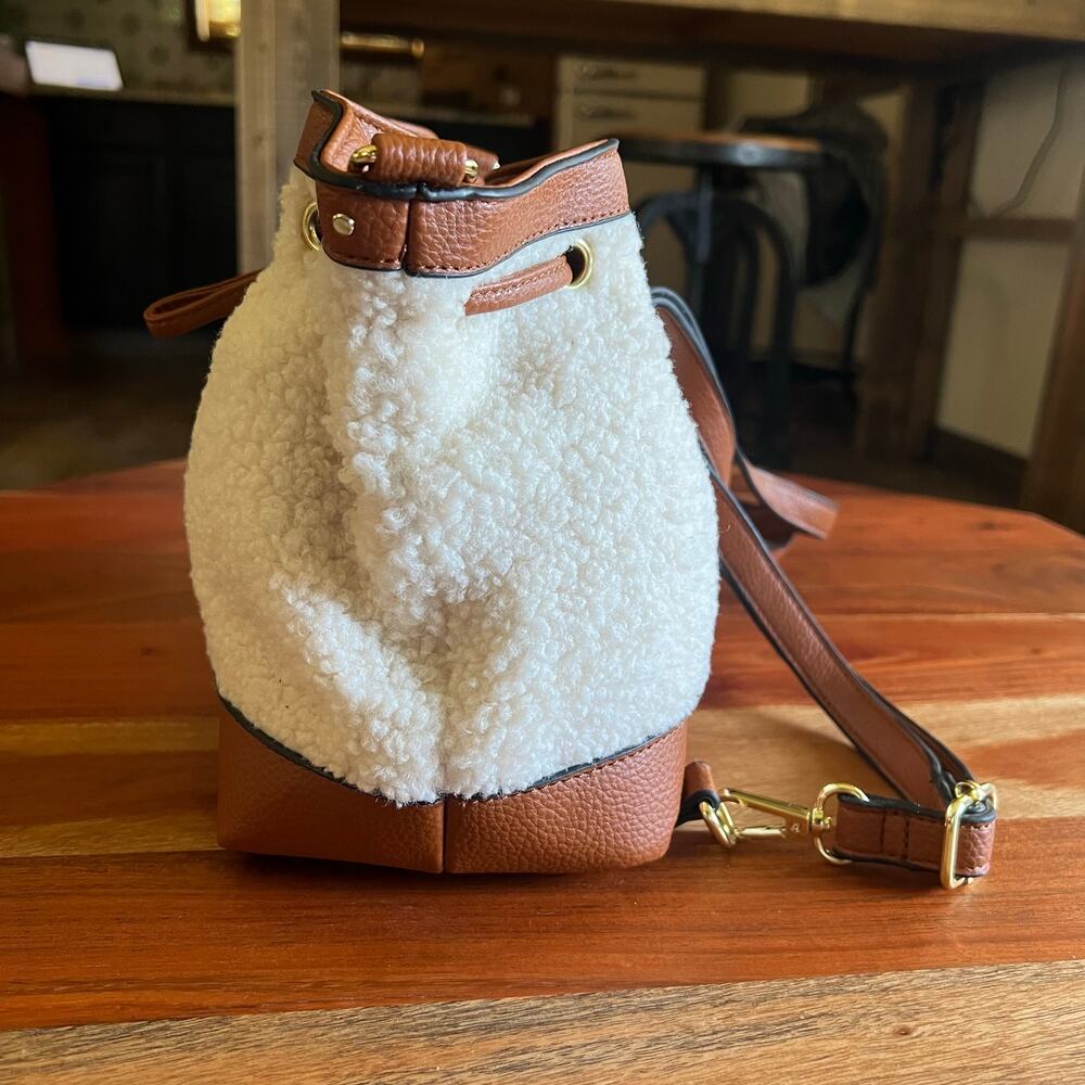 C Wonder Charlotte Sherpa Convertible Backpack Purse Bucket Bag Cognac Brown - Picture 12 of 16